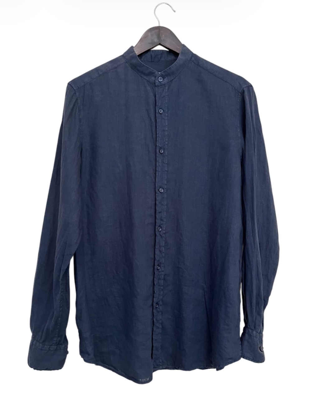 Massimo Dutti Men’s 100% Linen Navy Band-Collar Button-Down Shirt